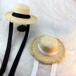 Summer Women Beach Raffia Black White Ribbon Hat Bow Temperament Flat Cap Straw Hats Womens Seaside 240326
