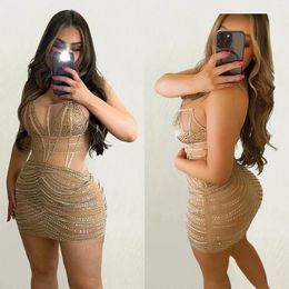 Party Dresses Sexy Women Dress Sheer Mesh Diamond See Through Night Clubwear Bodycon Sleeveless For Vestidos