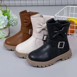 Boots Children Girls Short Solid Color Bow Buckle 2024 Simple Non-slip Round-toe Kids Versatile Soft Princess Shoes Fashion