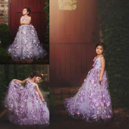 Little Flower Girl Dresses for Wedding 3D Floral Appliques Girl Pageant Dresses Sleeveless V Neck Spaghetti Strap Tulle Party Gown6379386