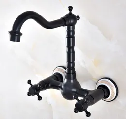 Bathroom Sink Faucets Black Oil Rubbed Bronze Kitchen Faucet Mixer Tap Swivel Spout Wall Mounted Two Handles Mnf879