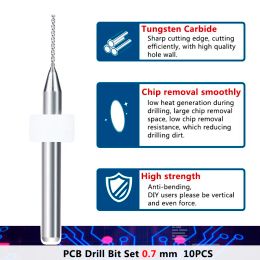 XCAN 0.7mm Mini Drill Bit Set 3.175mm Shank Carbide PCB Drill Bits for Drilling Print Circuit Board Drilling Tools 10pcs/box