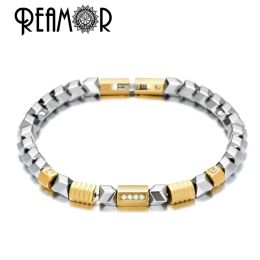 Bracelets REAMOR Unique Silver Color Hematite Bracelet Freedom DIY CZ Gold Color Beads Stainless Steel Link Bracelet Handmade Men Jewelry