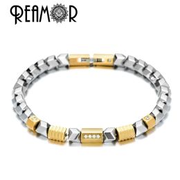 Bracelets REAMOR Unique Silver Colour Hematite Bracelet Freedom DIY CZ Gold Colour Beads Stainless Steel Link Bracelet Handmade Men Jewellery