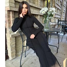 Casual Dresses Knit Dress Women Slim Fit Half High Collar Splice Waist Full Sleeve Split Long Vestidos Spring Streetwear