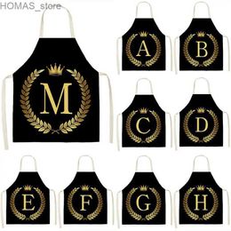 Aprons Black Golden Crown Letter Alphabet Print Kitchen Apron for Woman Man Cotton Linen Aprons for Cooking Home Cleaning Tools Tablier Y240401