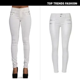 Women's Jeans Pant Low Rise Slim Stretch Trousers Double Zipper PU White Faux Leather Pants For Women