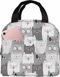cute Grey Cats Lunch Bag Insulated Lunch Box Reusable Cooler Thermal Meal Tote for Women Girls Work School Picnic 450G#