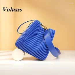 Evening Bags VOLASSS Designer Women Bucket Shoulder Bag Fashion Wrinkled Genuine Leather Handbag Large Capacity Cowhide Crossbody Female