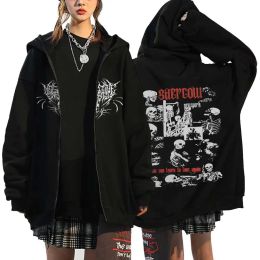 Gothic Skull Print Zipper Hoodie Hip Hop Streetwear Fleece Zip Up Jacket Harajuku Casual Women Sweatshirts Loose Y2K Clothes
