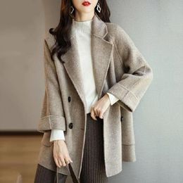 Autumn Winter Women Mid-length Woolen Jacket Turn-down Collar Double Breasted Cardigan Coat Warm Coat Ladies Outwear Clothes