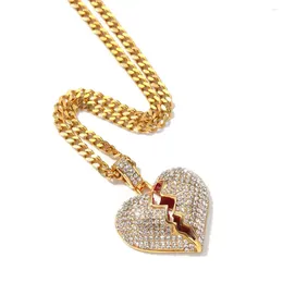 Pendant Necklaces Hip Hop Rock Full Rhinestones Paved Stainless Steel Broken Heart Pendants Necklace For Men Rapper Jewelry