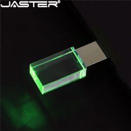 JASTER Crystal USB Flash Drives 128GB Blue LED Pen Drive 64GB 3D Laser Engraving Memory Stick 32GB Creative Wedding Gifts U Disc