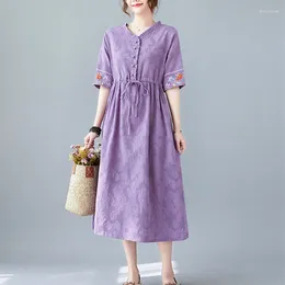 Party Dresses 2024 Embroidery Floral Fashion Women Casual Spring Summer Dress Cosy Cotton Linen Jacquard Office Lady Work Midi