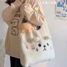 Totes Winter Soft Plush Tote Bag Women Cartoon Embroidery Imitation Lamb Hair Shoulder For Shopper Bolsa No Pendant