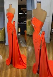 Orange Evening Dress Long Formal 2022 One Shoulder Beaded with High Slit Arabic Dubai Women Prom Dresses Evening Gowns C03161362581