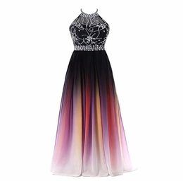 2019 Sexy Halter Neck Aline Gradient Color Prom Dresses Beaded Sheer Neck Lace Up Pluning Back Design Women Evening Dress Waist B6344891