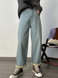 Women's Jeans Solid Color Thickened Straight Leg For Women Winter Spring Dad Pants Vintage High Waist Long Denim With Belt
