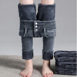 Women Plus Fleece Jeans High Waist Slim High Elastic Body Warmer Pants Winter Warm Jeans Female