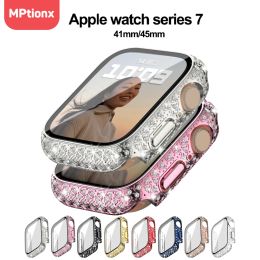 Diamond Watch Cover Built-in Tempered Glass for Apple Watch Series 8 Case 45mm 41mm Bling Protective Bumper for iWatch Series 7