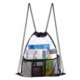 beach Bag Drawstring Gym Bag Travel Gym Bag Clear Waterproof Sport Backpack with Frt Mesh Pocket for Women Men Unisex k3zd#