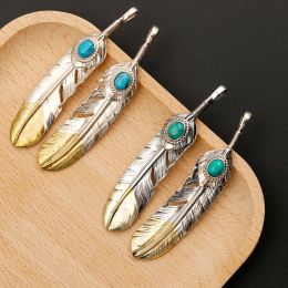 Pure 925 Sterling Thai Silver Feather Pendant Turquoise Charms Japanese Retro Jewellery For Men Goros Takahashi Blue Necklace Gift