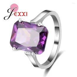 Cluster Rings Big Geometric Cut Rectangle Purple Crystal 925 Sterling Silver Finger Decoration Accessory Woman Wedding Jewelry
