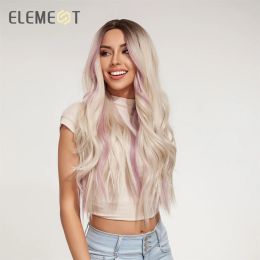 ELEMENT Youthful Synthetic Wig Long Wavy Curly Ombre Blonde Mixed Pink Wigs for Women Heat Resistant Party Daily Hair Natural