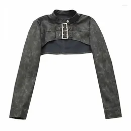 Women's Leather Women Faux Ultra Cropped Jacket Biker Long Sleeve Metal Buckle PU Jackets High Street Fashion Sexy Tops Female Autumn