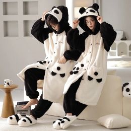 Couple Pajamas Women's Winter Two Piece Sets Thickened Long Sleeve Hooded Bath Robes Trousers Panda Warm Flannel Men Sleepwear