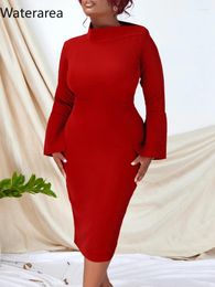 Casual Dresses Waterarea Women Flare Long Sleeve Skew-neck Bodycon Midi Dress 2024 Sexy Club Evening Party OL Work Fashoin Vestidos