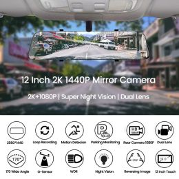 E-ACE 2K Stream Media Dash Camera Mirror 12'' Touch Car DVR 1440P Video Recorder Support GPS 1080P Rear View Camera Night Vision