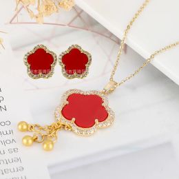 Natural Stone Plant Shell New Design Plum Blossom Five Leaf Pendant Necklace Earring Set with Micro Diamond Women's Clover