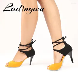 Dance Shoes Ladingwu Latin Beige Yellow Suede Salsa Indoor Sports Professional Metal Heel 8c