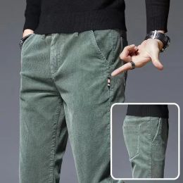 Corduroy Autumn Winter 2022 Men's Stretch Casual Slim Straight Velvet Thicken Men's Trousers Fashionable Youth Army Green Pants