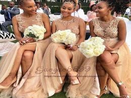 Blush Pink Split Long Bridesmaids Dresses 2019 Sheer Neck with Pearls beaded Maid of Honour gowns Appliques Lace Country Wedding Gu8333906