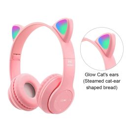 Flash Light Kids Children Headphone Voice Control Bluetooth-Compatible Cat Ear Earphone with Mic Pink Little Girl Earphone Gift