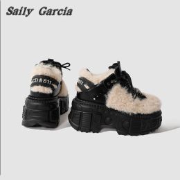 Short Plush Rock Punk Style WaterProof Platform Ankle Boots Winter New Metal Lace Up Women Shoes Round Toe Sculpted Sole Boots
