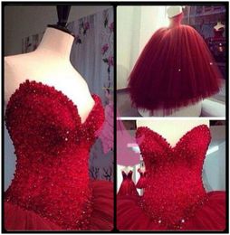 Latest 2018 Burgundy Quinceanera Dresses Sweetheart Sleeveless Ball Gown Tulle Special Occasion Dresses Glitter Puffy Dresses for 8001093