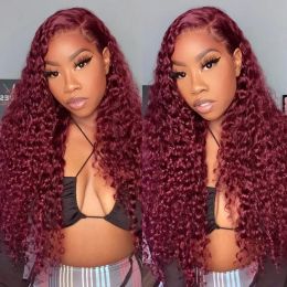 Burgundy 13x4 HD Transparent Lace Frontal Wigs Indian 32Inch #99J Red Colored Kinky Curly Lace Front Human Hair Wigs For Women