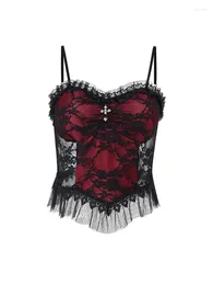 Women's Tanks American Vintage Print Lace Vest Off Shoulder Sleeveless Clubwear Women Sexy Patchwork Tank Tops Chic Red Camisole Coquette