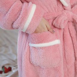 Women Cute Kimono Robe Hooded Flannel Nightgown Peignoirs Thicken Bathrobe Warm Coral Fleece Sleepwear with Pocket Nightwear
