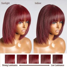 99J Coloured Short 180D Straight Brazilian Human Hair Bob Wigs with Bangs Remy Full Machine Made Wigs for Women Burgundy Bob Wig