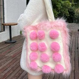 Shoulder Bags Plush Bag Female Casual Sweet Girls Large Capacity 2024 Cute Mixed Colour Patchwork Fur Ball Handheld Tote