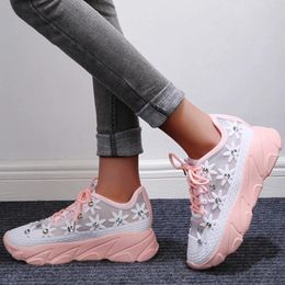 Casual Shoes Vulcanised Breathable Sports Women Mesh Rhinestone Platform Wedge-heel Hollow Lace-up Sneakers