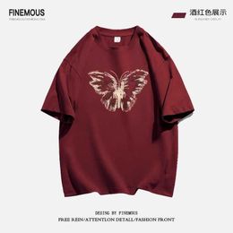 China-chic Wine Red Short Sleeved T-shirt Womens Summer 2024 High Street American Loose Skinny Straight Shoulder