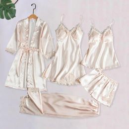 Home Clothing Women 5-piece Pajama Set Elegant Silky Satin Lace Patchwork Women's Pajamas With Lace-up Waist Top Shorts For Comfortable