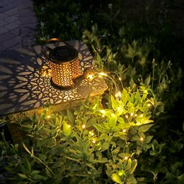 Solar Garden Hollow Out Lights Outdoor Waterproof Metal Watering Can Sprinkles Fairy Light for Patio Yard Balcony