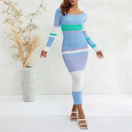 Casual Dresses Women Vintage Striped Contrast Color Bodycon Off Shoulder Long Sleeve Knitted Slim Stretch Midi Dress Trend Party