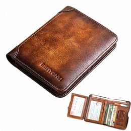 men Wallet Genuine Leather Rfid Blocking Trifold Wallet Vintage Thin Short Multi Functi ID Credit Card Holder Male Purse Mey q8aL#